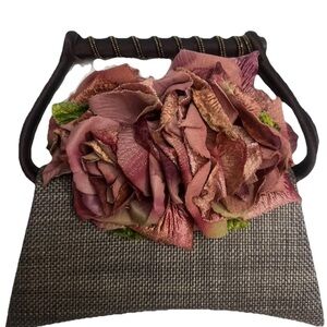 Liz Soto Handbag Satin Silk Flowers Purse Beads Beaded  Handle Vintage Bag Party